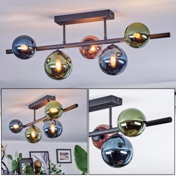 Chehalis Plafondlamp, Kogellampje Blauw, Groen, Koperkleurig, 5-lichts