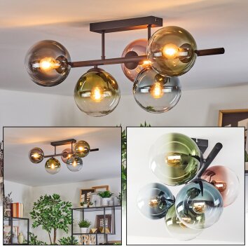 Gastor Plafondlamp, Kogellampje Blauw, Groen, Duidelijk, Koperkleurig, 5-lichts