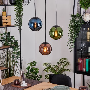 Gastor Hanglamp, Kogellampje, Hanglamp Blauw, Groen, Koperkleurig, 3-lichts