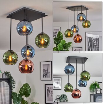 Koyoto Plafondlamp, Kogellampje Blauw, Groen, Koperkleurig, 5-lichts
