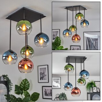 Koyoto Plafondlamp, Kogellampje Blauw, Groen, Duidelijk, Koperkleurig, 5-lichts