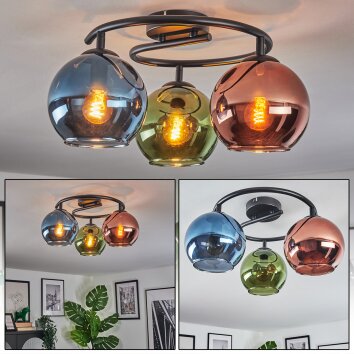 Koyoto Plafondlamp, Kogellampje 37 cm Blauw, Groen, Koperkleurig, 3-lichts