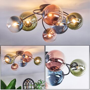 Chehalis Plafondlamp, Kogellampje Blauw, Groen, Duidelijk, Koperkleurig, 6-lichts