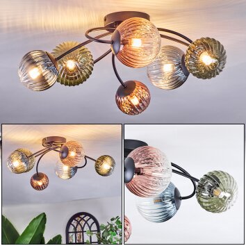 Chehalis Plafondlamp, Kogellampje Blauw, Groen, Duidelijk, Koperkleurig, 6-lichts