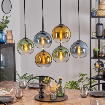 Koyoto Hanglamp, Kogellampje, Hanglamp Blauw, Goud, Groen, Duidelijk, 6-lichts