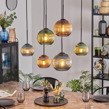 Koyoto Hanglamp, Kogellampje, Hanglamp Blauw, Groen, Koperkleurig, 6-lichts