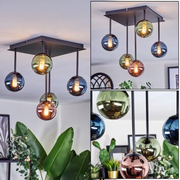 Chehalis Plafondlamp, Kogellampje Blauw, Groen, Koperkleurig, 5-lichts