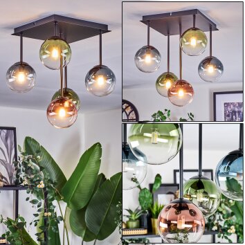 Chehalis Plafondlamp, Kogellampje Blauw, Groen, Duidelijk, Koperkleurig, 5-lichts