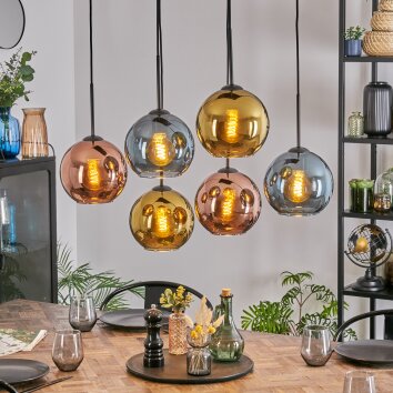 Koyoto Hanglamp, Kogellampje, Hanglamp Blauw, Goud, Koperkleurig, 6-lichts