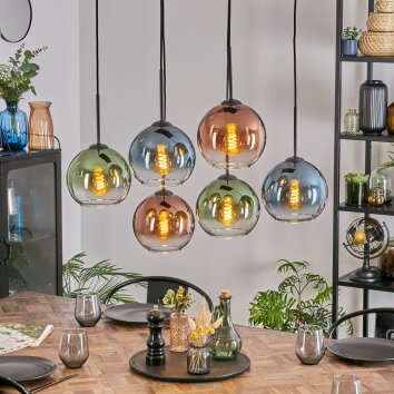 Koyoto Hanglamp, Kogellampje, Hanglamp Blauw, Groen, Duidelijk, Koperkleurig, 6-lichts
