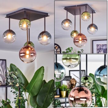 Chehalis Plafondlamp, Kogellampje Blauw, Groen, Duidelijk, Koperkleurig, 5-lichts
