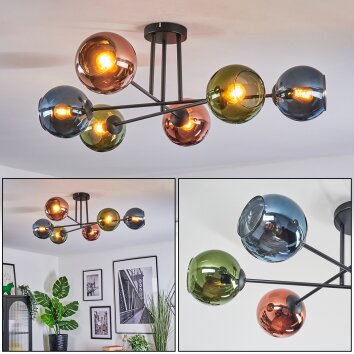 Koyoto Plafondlamp, Kogellampje 78 cm Blauw, Groen, Koperkleurig, 6-lichts