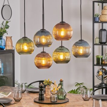 Koyoto Hanglamp, Kogellampje, Hanglamp Blauw, Groen, Koperkleurig, 6-lichts