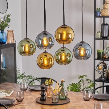 Koyoto Hanglamp, Kogellampje, Hanglamp Blauw, Goud, Groen, 6-lichts