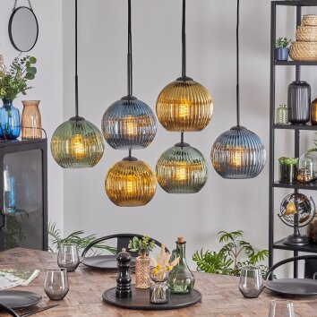 Koyoto Hanglamp, Kogellampje, Hanglamp Blauw, Goud, Groen, 6-lichts