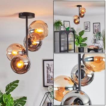 Koyoto Plafondlamp, Kogellampje 31 cm Amber, Chroom, Rookkleurig, 4-lichts