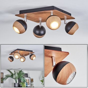 Haldor Plafondlamp, Plafondspot Chroom, houtlook, Zwart, 4-lichts