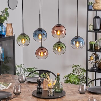 Koyoto Hanglamp, Kogellampje, Hanglamp Blauw, Groen, Duidelijk, Koperkleurig, 6-lichts
