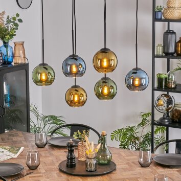 Koyoto Hanglamp, Kogellampje, Hanglamp Blauw, Goud, Groen, 6-lichts