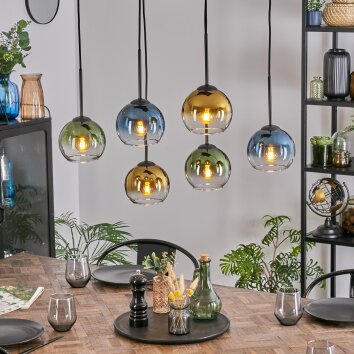 Koyoto Hanglamp, Kogellampje, Hanglamp Blauw, Goud, Groen, Duidelijk, 6-lichts
