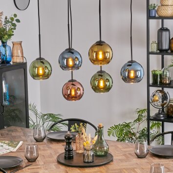 Koyoto Hanglamp, Kogellampje, Hanglamp Blauw, Goud, Groen, Koperkleurig, 6-lichts