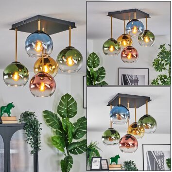 Koyoto Plafondlamp, Kogellampje Goud, Zwart, 5-lichts