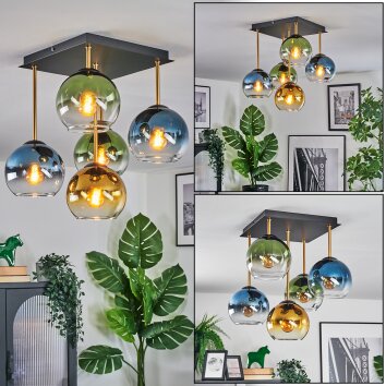Koyoto Plafondlamp, Kogellampje Goud, Zwart, 5-lichts