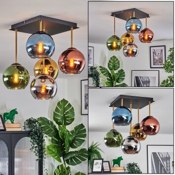 Koyoto Plafondlamp, Kogellampje Goud, Zwart, 5-lichts