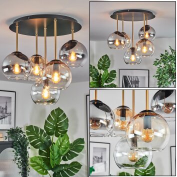 Koyoto Plafondlamp, Kogellampje 45 cm Messing, Zwart, 5-lichts