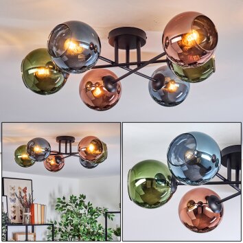 Koyoto Plafondlamp, Kogellampje 59 cm Blauw, Groen, Koperkleurig, 6-lichts