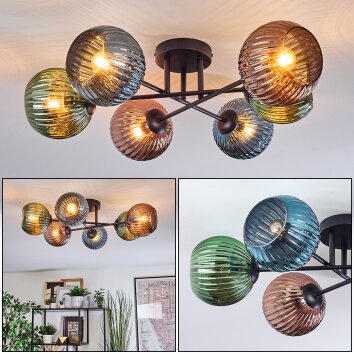 Koyoto Plafondlamp, Kogellampje 59 cm Blauw, Groen, Koperkleurig, 6-lichts
