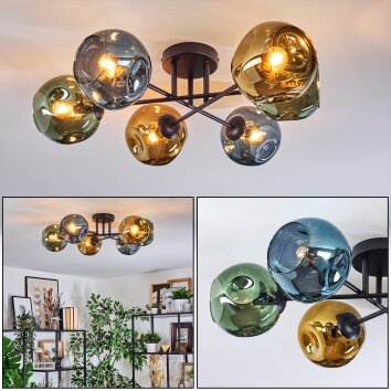 Ripoll Plafondlamp, Kogellampje Blauw, Goud, Groen, 6-lichts