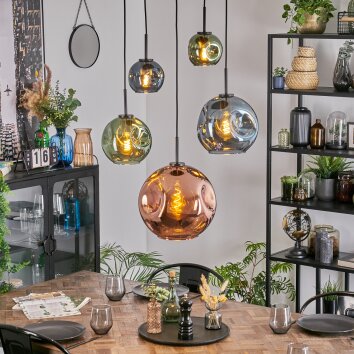 Ripoll Hanglamp, Kogellampje, Hanglamp Blauw, Groen, Koperkleurig, 5-lichts