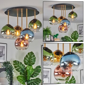 Koyoto Plafondlamp, Kogellampje 45 cm Messing, Zwart, 5-lichts