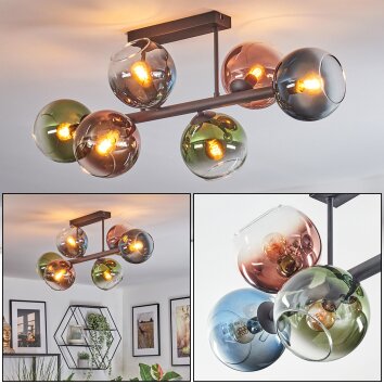 Koyoto Plafondlamp, Kogellampje Blauw, Groen, Duidelijk, Koperkleurig, 6-lichts