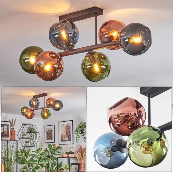Koyoto Plafondlamp, Kogellampje Blauw, Groen, Koperkleurig, 6-lichts
