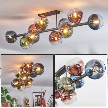 Koyoto Plafondlamp, Kogellampje Blauw, Groen, Duidelijk, Koperkleurig, 10-lichts