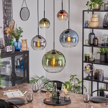 Koyoto Hanglamp, Kogellampje, Hanglamp Blauw, Chroom, Groen, Duidelijk, Koperkleurig, Rookkleurig, 5-lichts