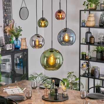 Koyoto Hanglamp, Kogellampje, Hanglamp Blauw, Chroom, Groen, Koperkleurig, Rookkleurig, 5-lichts