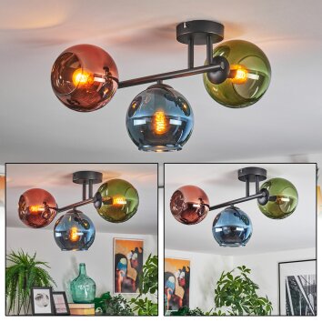 Koyoto Plafondlamp, Kogellampje Blauw, Groen, Koperkleurig, 3-lichts
