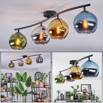 Koyoto Plafondlamp, Kogellampje Blauw, Groen, Duidelijk, Koperkleurig, 4-lichts