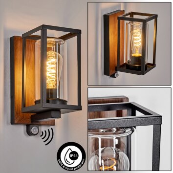 Portalis Wandlamp voor buiten, Wandlamp houtlook, Zwart, 1-licht, Bewegingsmelder