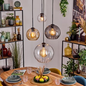 Koyoto Hanglamp, Kogellampje, Hanglamp Amber, Duidelijk, Rookkleurig, 4-lichts