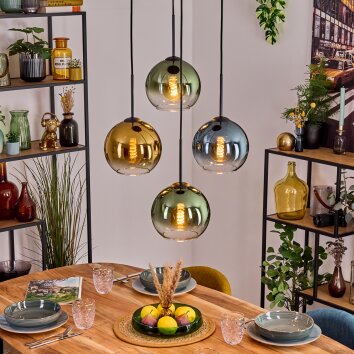 Koyoto Hanglamp, Kogellampje, Hanglamp Blauw, Goud, Groen, Duidelijk, 4-lichts
