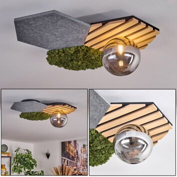 Minor Plafondlamp, Kogellampje Groen, houtlook, Zwart, 1-licht