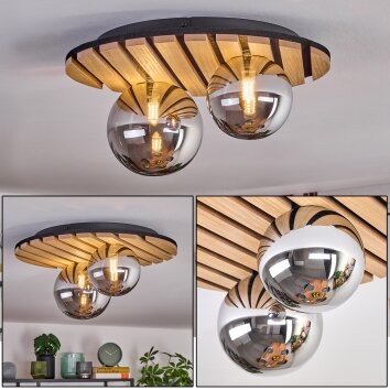 Venok Plafondlamp, Kogellampje houtlook, Zwart, 2-lichts