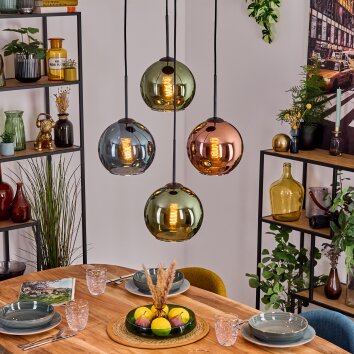 Koyoto Hanglamp, Kogellampje, Hanglamp Blauw, Groen, Koperkleurig, 4-lichts