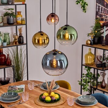 Koyoto Hanglamp, Kogellampje, Hanglamp Blauw, Goud, Groen, Duidelijk, Koperkleurig, 4-lichts