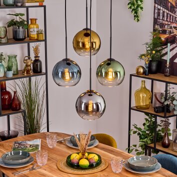 Koyoto Hanglamp, Kogellampje, Hanglamp Blauw, Chroom, Goud, Groen, Duidelijk, Rookkleurig, 4-lichts