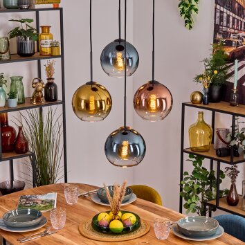 Koyoto Hanglamp, Kogellampje, Hanglamp Blauw, Goud, Duidelijk, Koperkleurig, 4-lichts